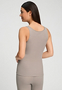 Back view of a women model wearing HA rose grey wool Tank Top