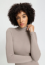 Close-up view of a women model wearing HA rose grey wool Turtle-Neck Shirt