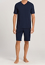 Full-body view of a men model wearing Hanro deep navy modal/viscose/tencel S/SLV Shirt V-Neck