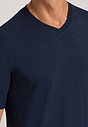 Close-up view of a men model wearing Hanro deep navy modal/viscose/tencel S/SLV Shirt V-Neck