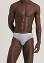 Front view of a men model wearing Hanro light melange/deep navy cotton Briefs 2Pack