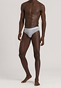 Full-body view of a men model wearing Hanro light melange/deep navy cotton Briefs 2Pack
