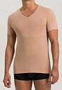 Front view of a men model wearing Hanro neutral cotton S/SLV Shirt V-Neck