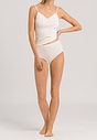Full-body view of a women model wearing Hanro pale cream cotton Maxi Briefs