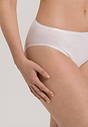 Close-up view of a women model wearing Hanro white cotton Midi Briefs