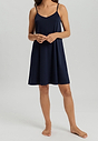 Full-body view of a women model wearing Hanro deep navy cotton Spaghetti Dress 95cm