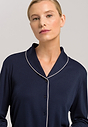 Close-up view of a women model wearing HA deep navy modal/viscose/tencel L/SLV Pajama