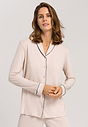 Close-up view of a women model wearing HA almond modal/viscose/tencel L/SLV Pajama