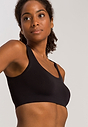 Close-up view of a women model wearing Hanro black microfibre Crop Top