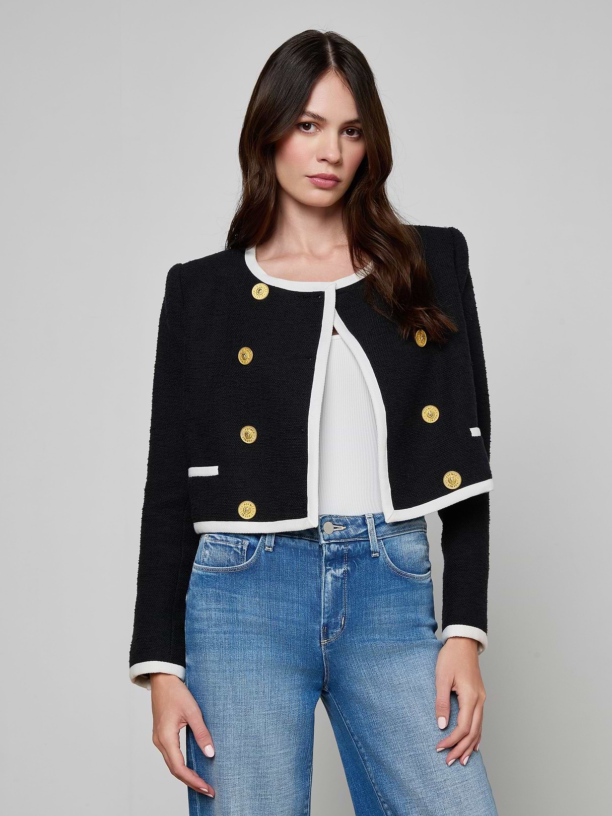 ジャケット・アウター juemi Offset Cropped Tweed Jacket Cove Cropped Tweed Jacket in Black | L'AGENCE
