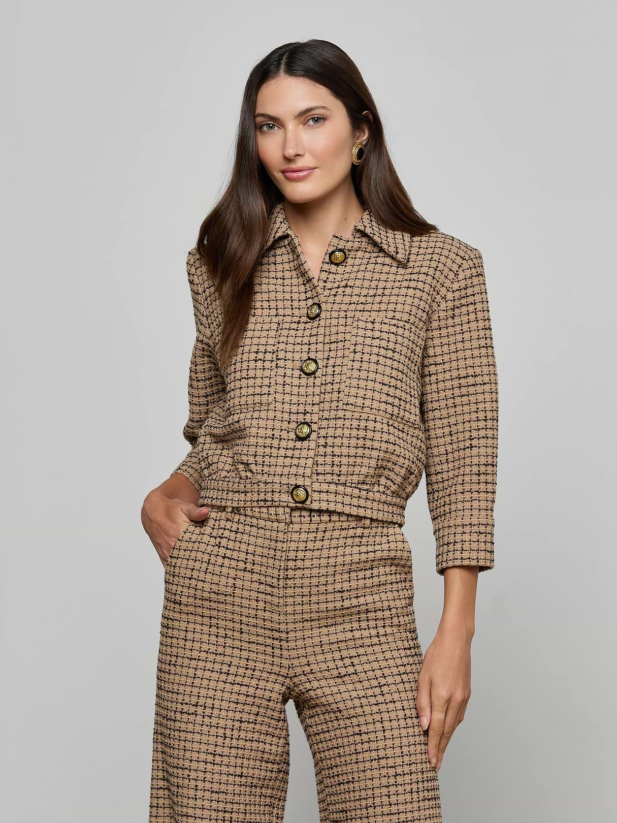 Zell Houndstooth Tweed Jacket in Taupe/Grey Houndstooth | L'AGENCE