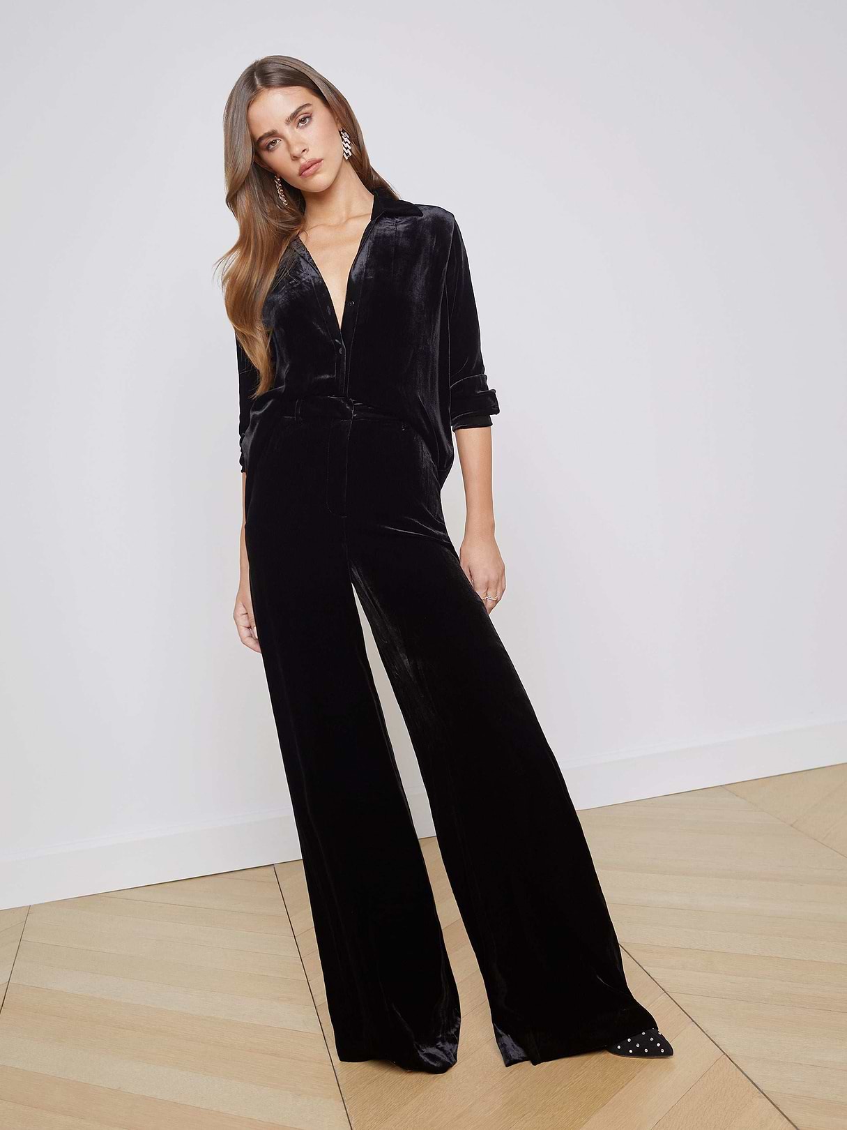 L'AGENCE Pilar Velvet Wide-Leg Pants In Black
