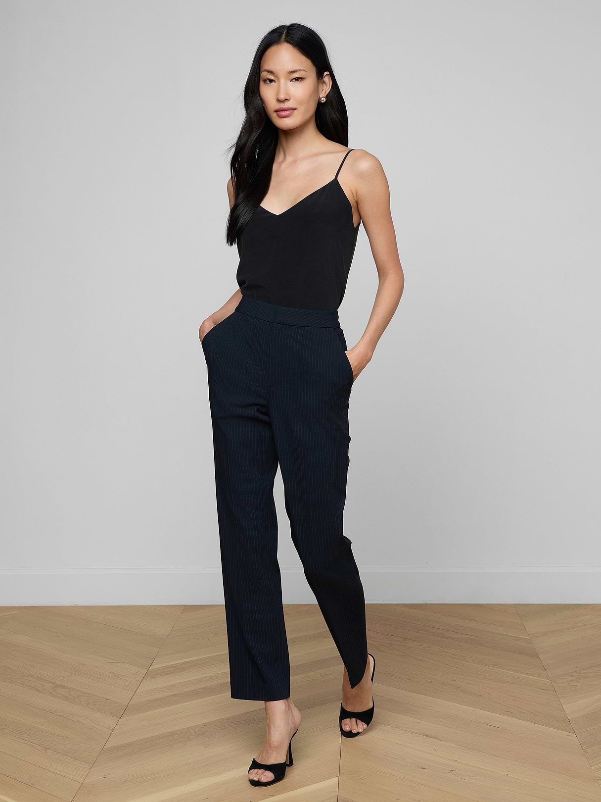 Rebel Pinstriped Trouser in Midnight/Ivory Pinstripe | L'AGENCE