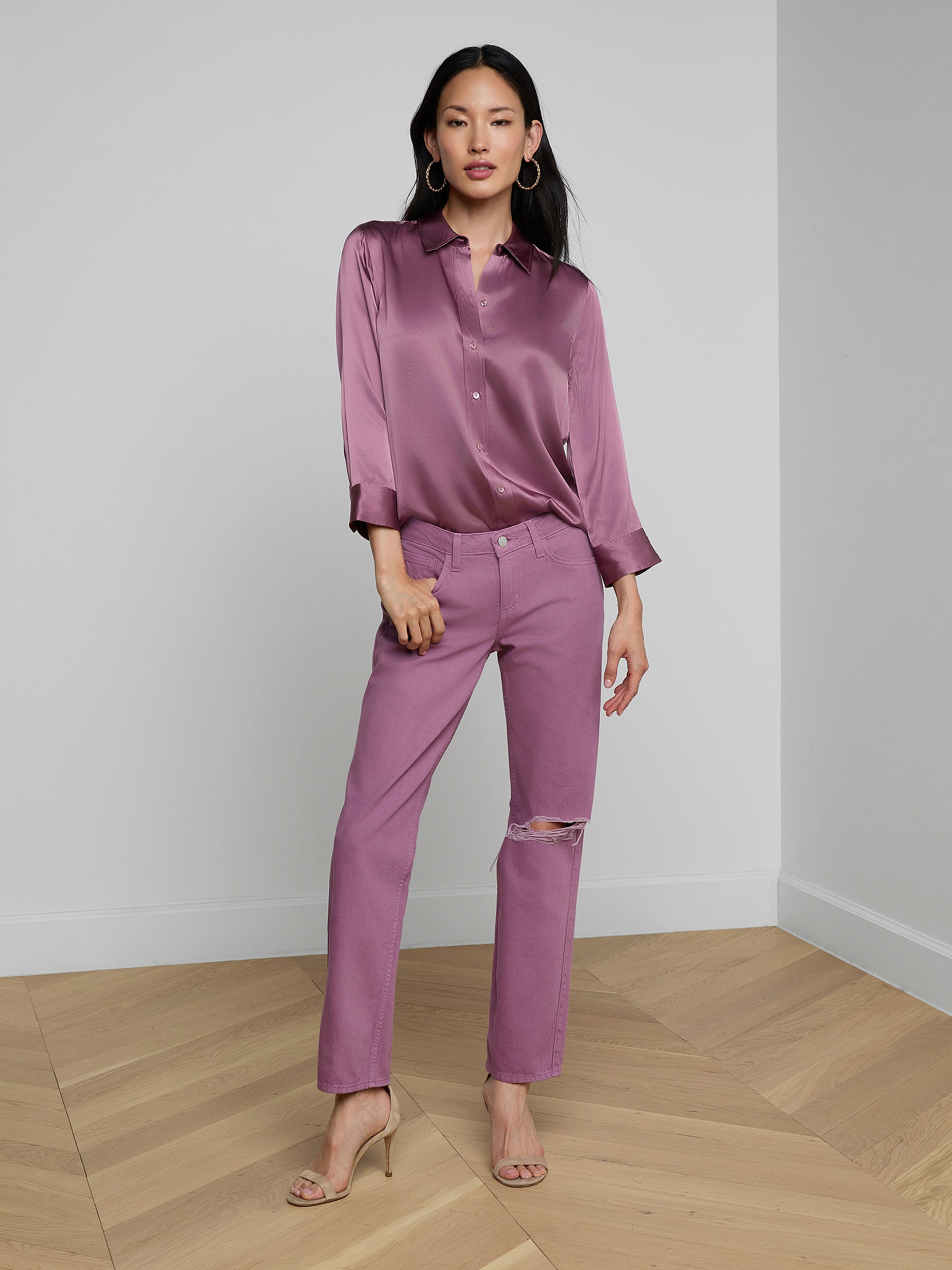 Nevia Slouchy Straight-Leg Jean in Dusky Orchid Destruct | L