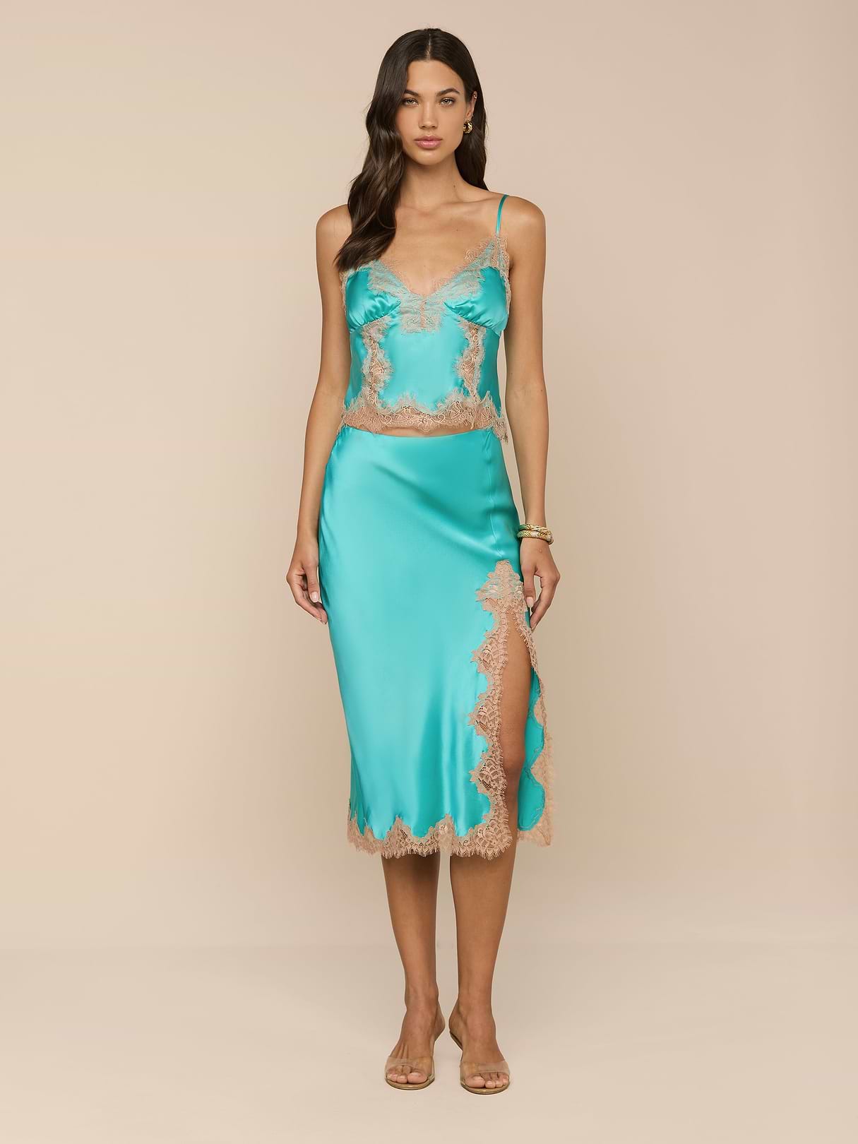 L'Agence Tico Silk Lace Skirt in Cyan/Cappuccino, 100% natural fabric sets