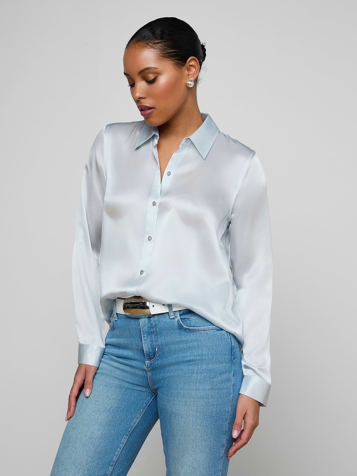 L'AGENCE Tyler Silk Blouse Top In Pale Mist Blue