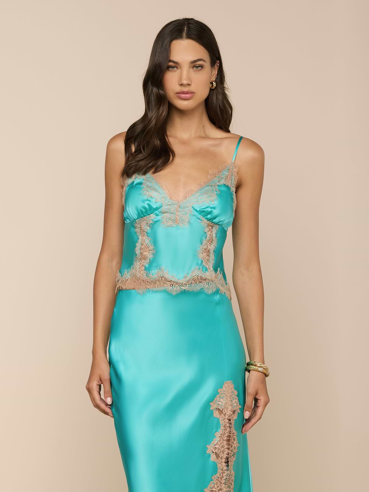 L'Agence Kimber Silk Lace Camisole in Cyan/Cappuccino, 100% natural fabric sets