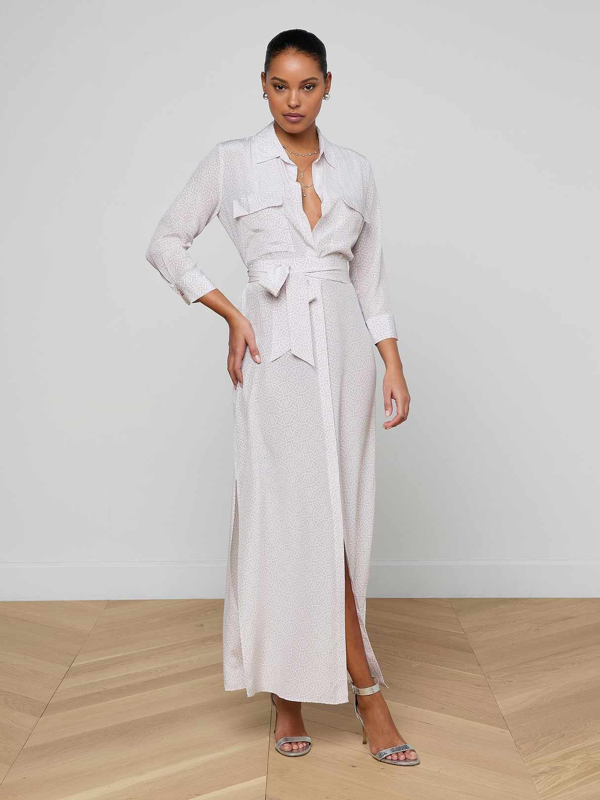 L'AGENCE Cameron Silk Shirt Dress In Icy Lilac Linked Geo