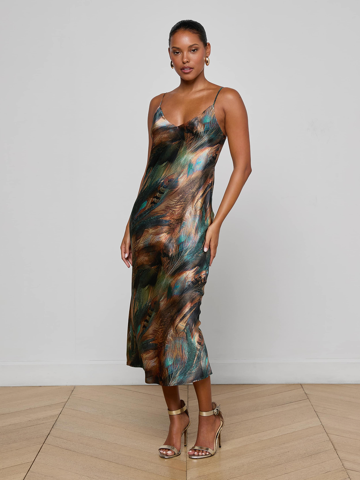 Seridie Silk Slip Dress in Teal Multi Mix Feather | L'AGENCE