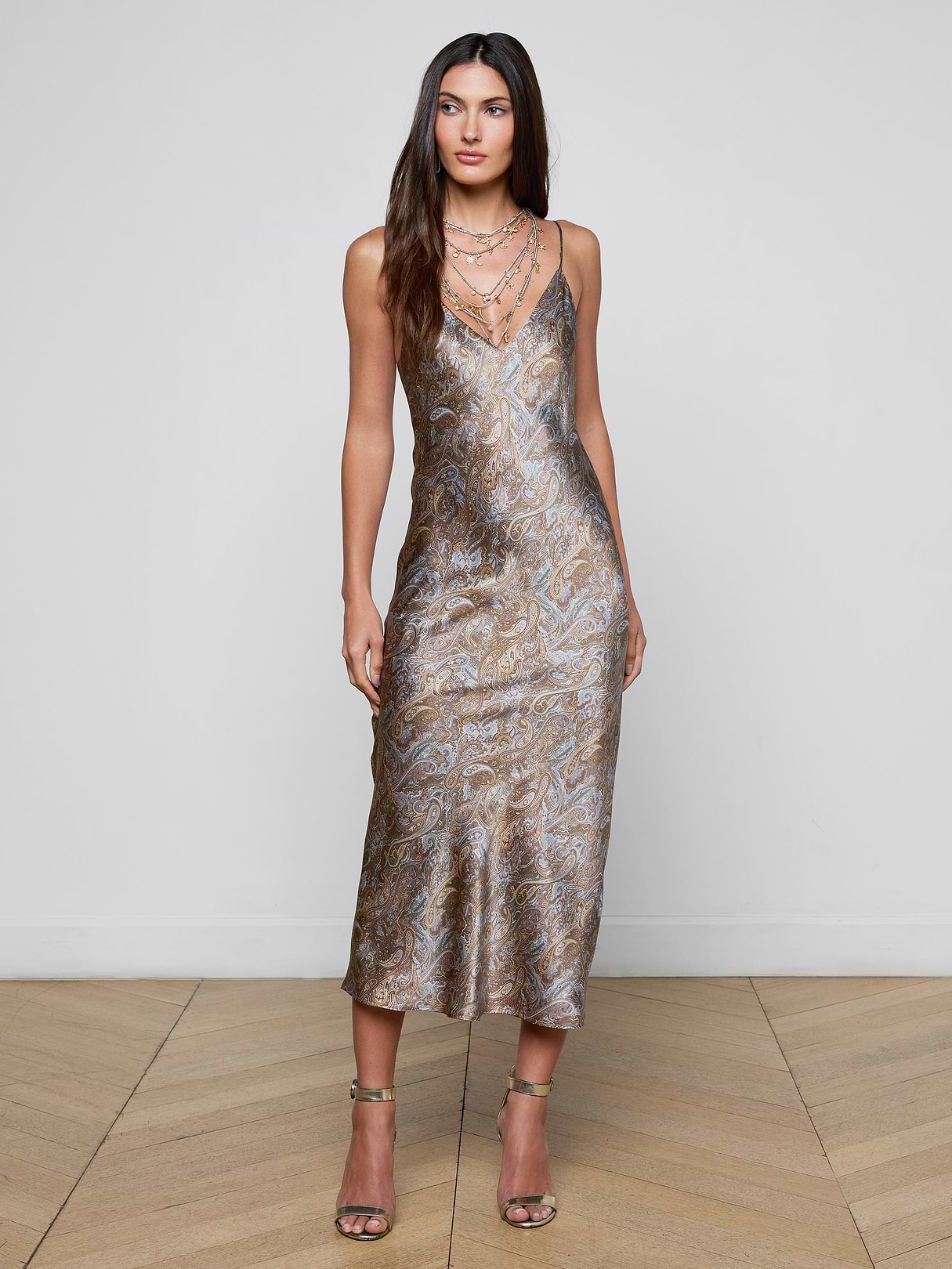 L'agence Seridie Silk Slip Dress in Neutral/Blue Ditsy Paisley