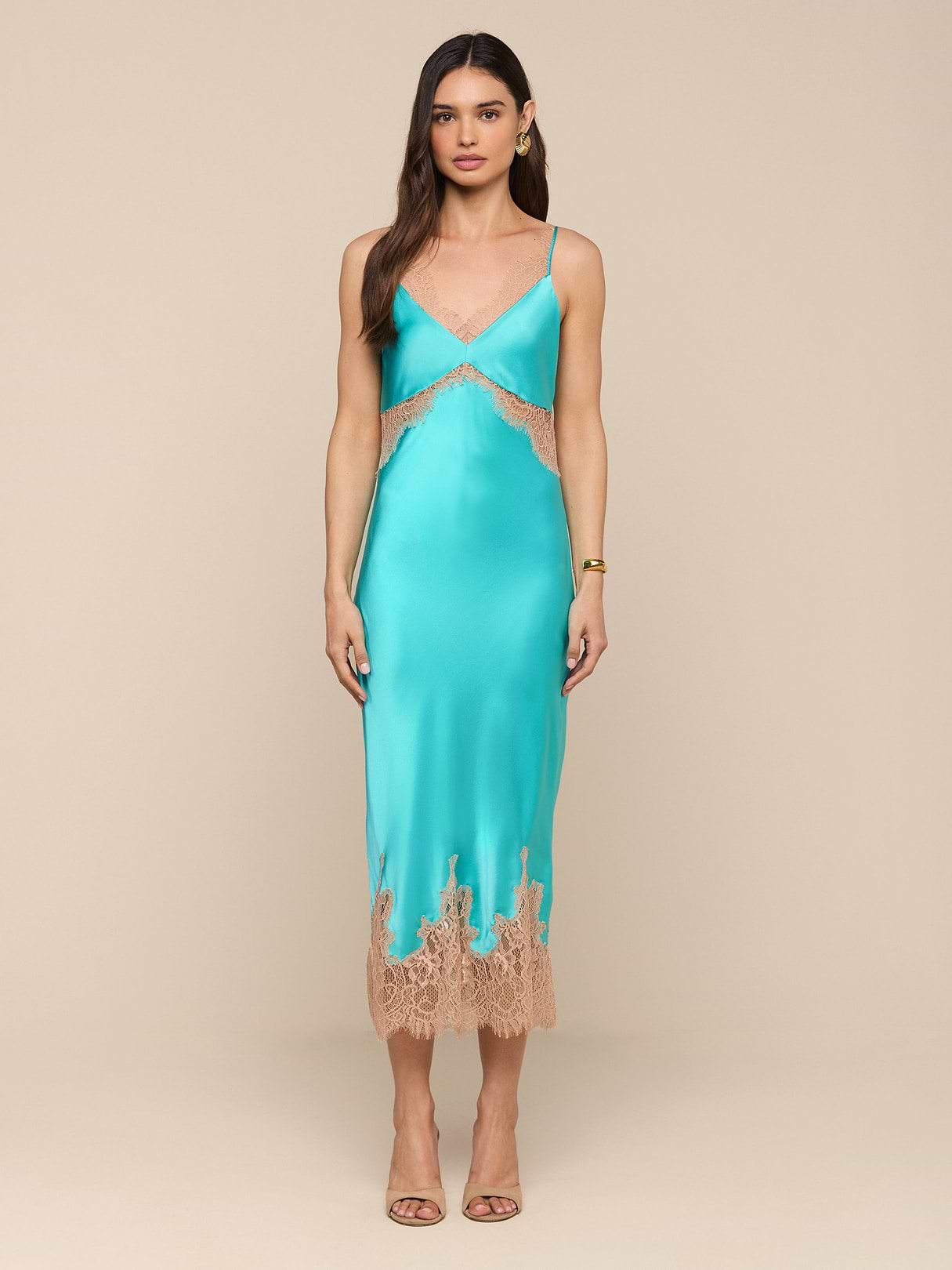 Scotly Silk Lace Dress in Cyan/Cappuccino