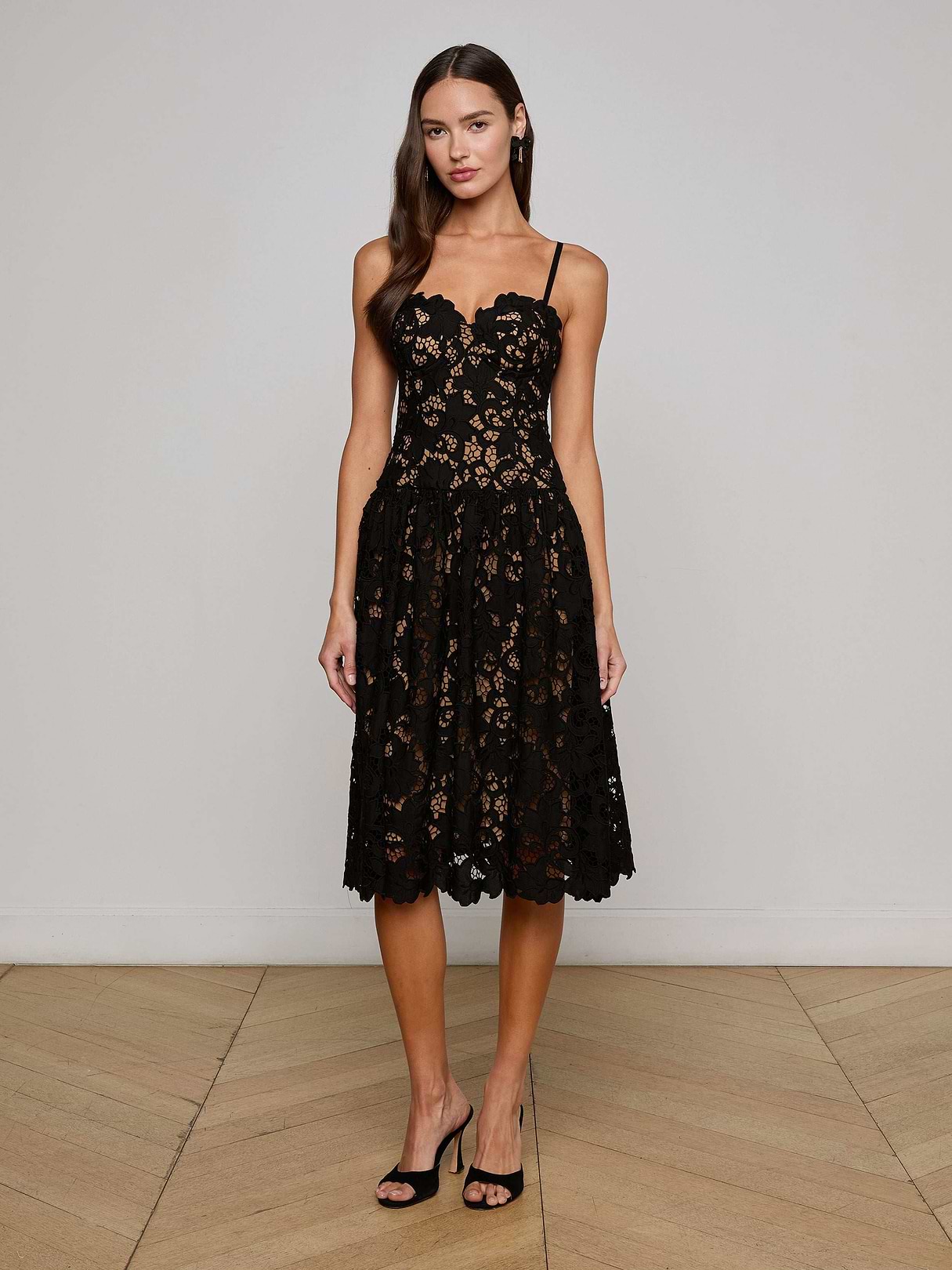 Flyn Lace Midi Dress in Black | L'AGENCE Flyn Lace Midi Dress in Black | L'AGENCE