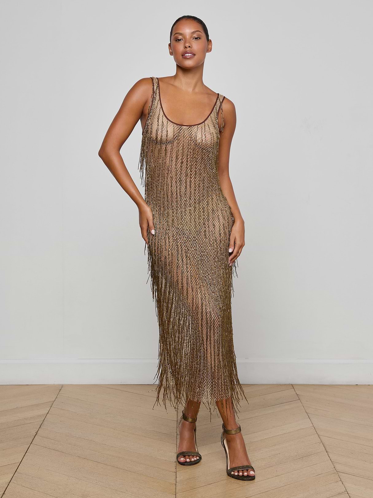 L'AGENCE Gracelynn Beaded Fringe Dress In Antique Gold Beaded Fringe L'AGENCE Gracelynn Beaded Fringe Dress In Antique Gold Beaded Fringe