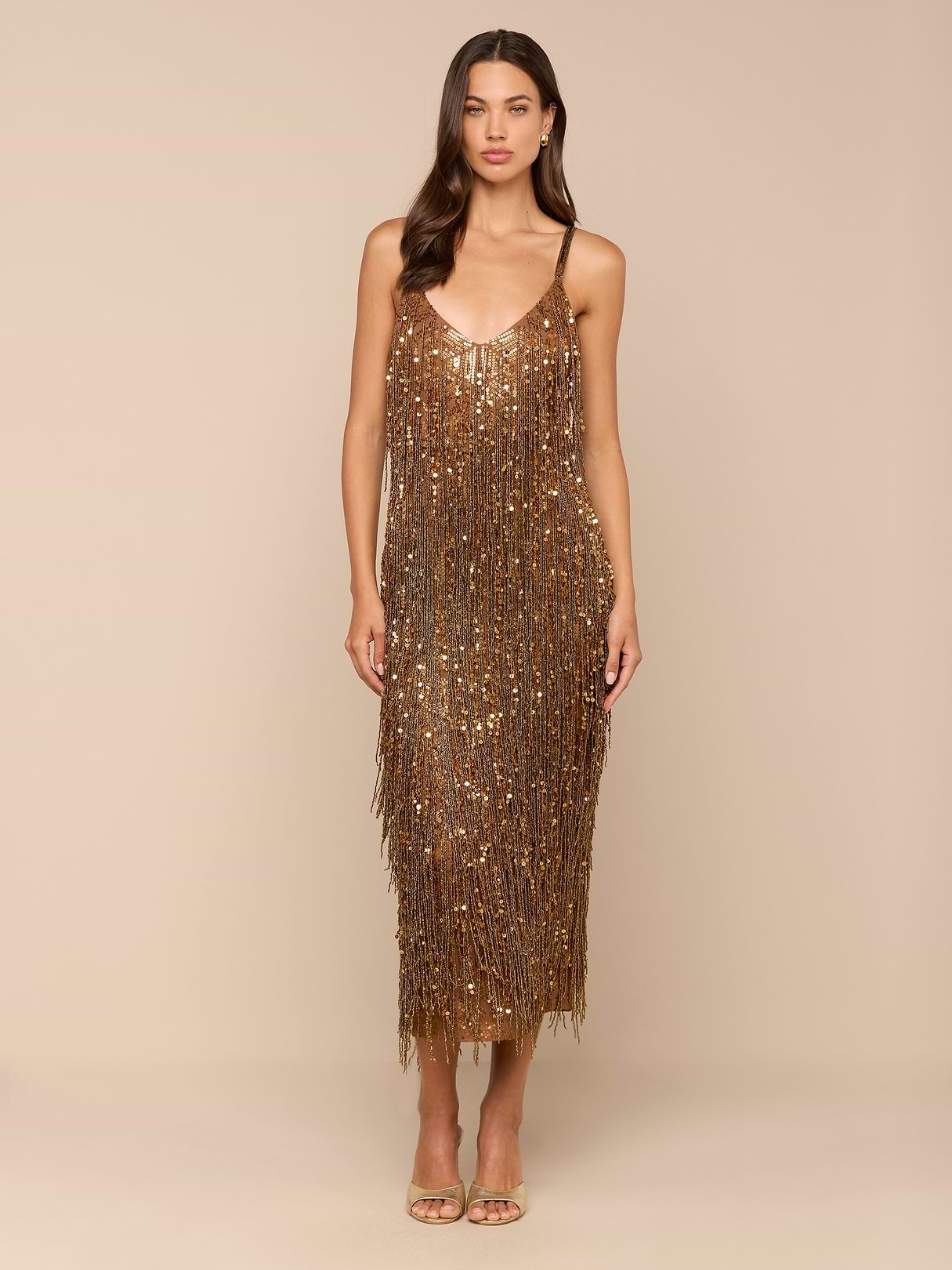 L'AGENCE Noella Sequin Fringe Dress In Antique Gold
