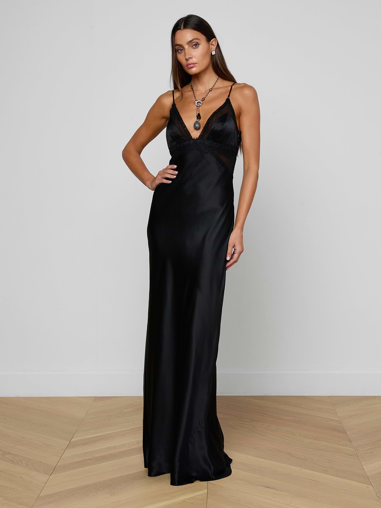 black silk evening dress L'AGENCE Women's Elsa Lingerie Maxi Slipdress PRE_LABOR_DAY_829 Calvin Klein black knit The structured bodice is SIZE:19/19.5 34/35