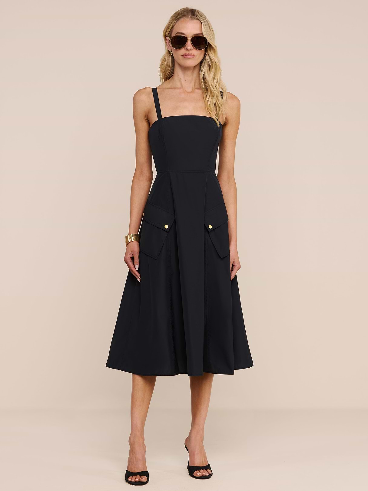 L'AGENCE Ayela A-Line Midi Dress, Blackgold, Women's, 14
