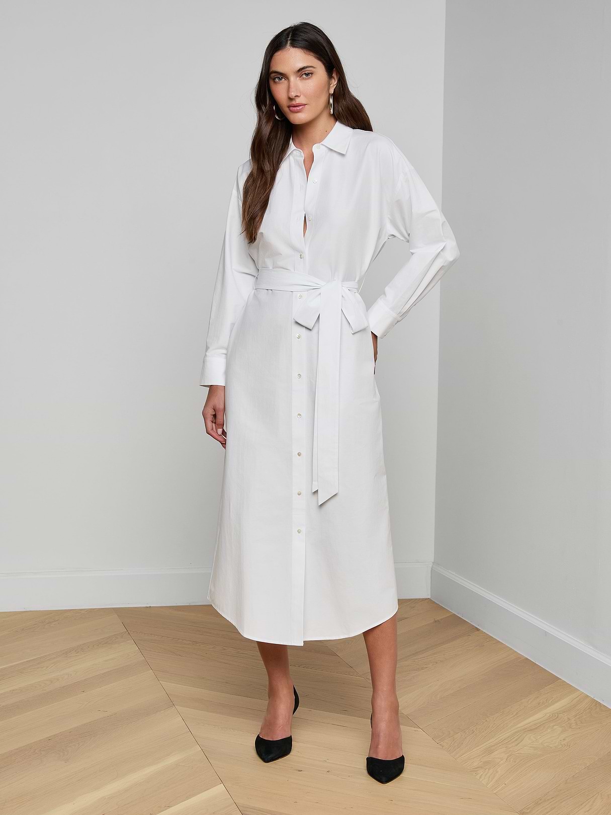 L'AGENCE Ridley Tie-Waist Maxi Shirtdress, White, Women's, M