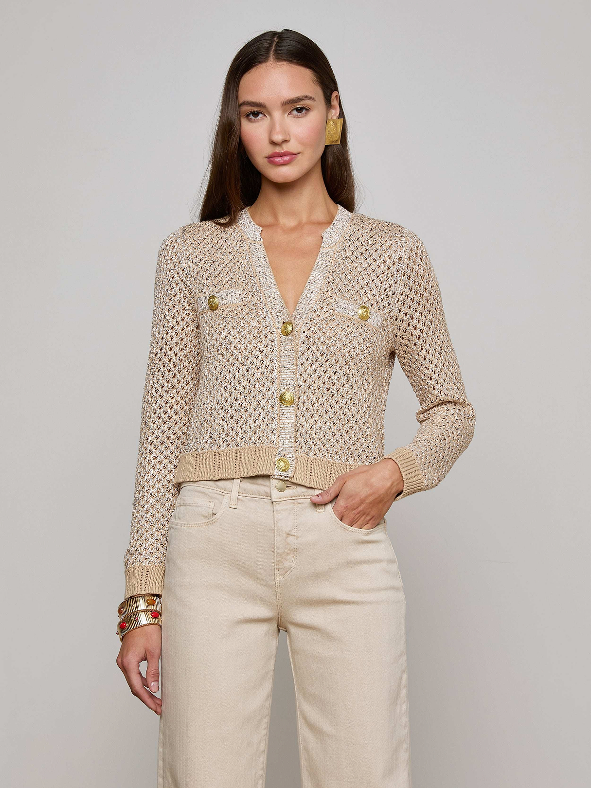 Blanca Sequin Cardigan in Natural Multi/Gold | L'AGENCE