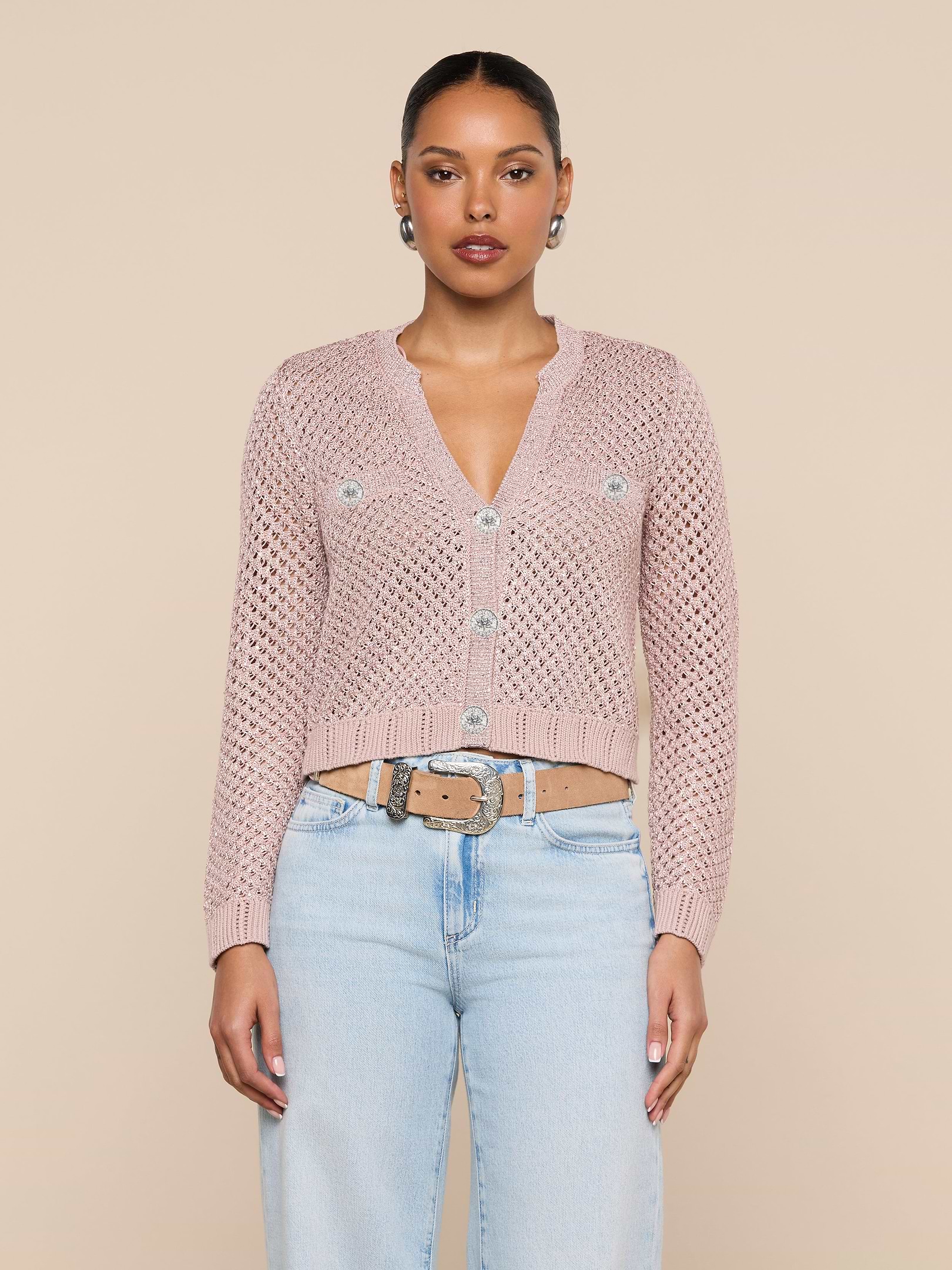 Blanca Sequin Cardigan in Adobe Rose | L'AGENCE