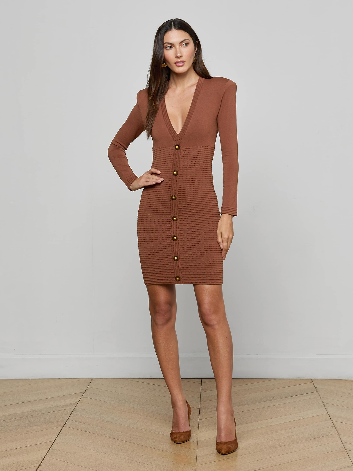 antonette long sleeve button front mini dress L'AGENCE Taru Button-Front Mini Dress In Sepia Brown/Gold