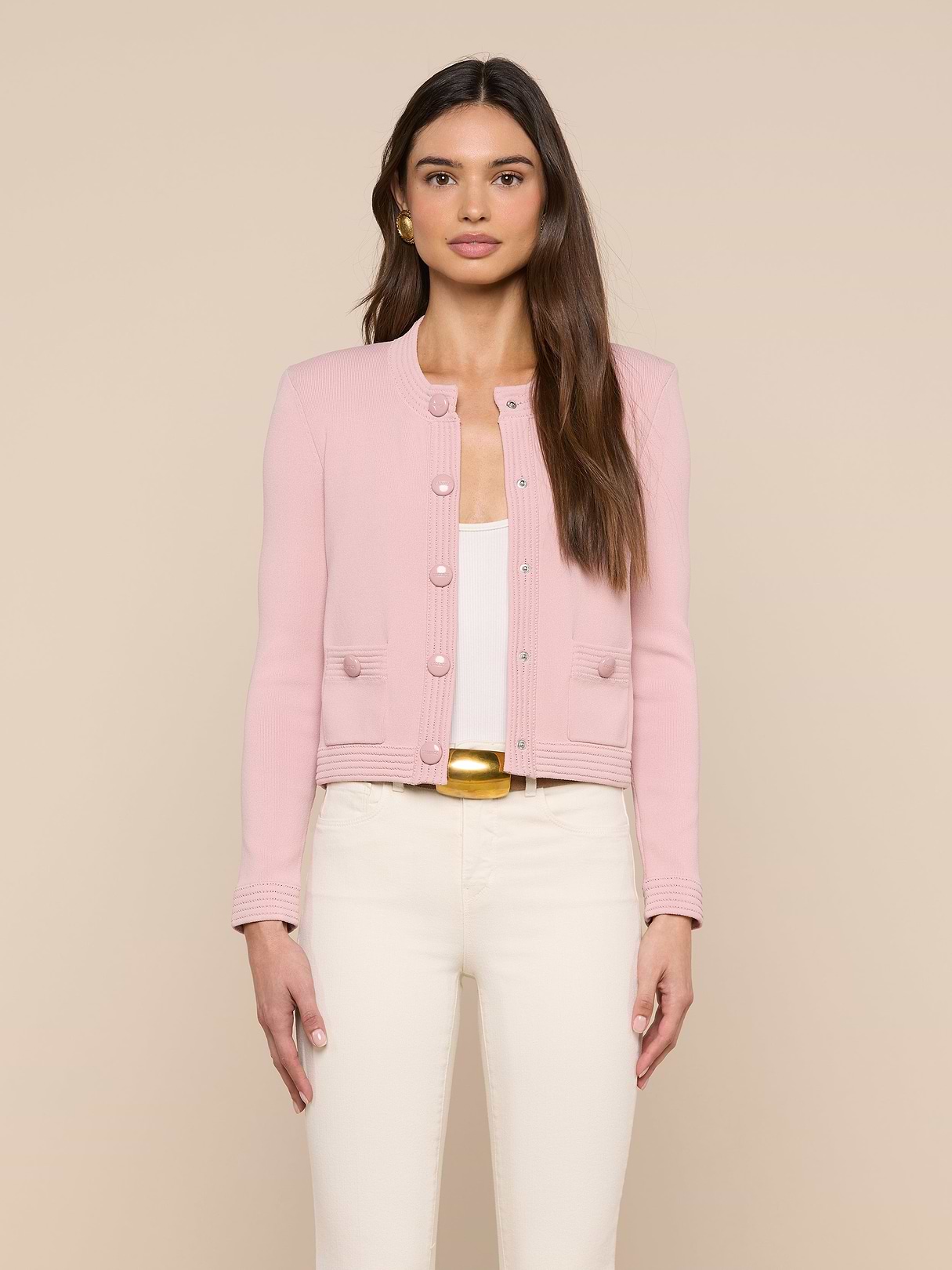 Patsy Cropped Cardigan in Misty Rose | L'AGENCE