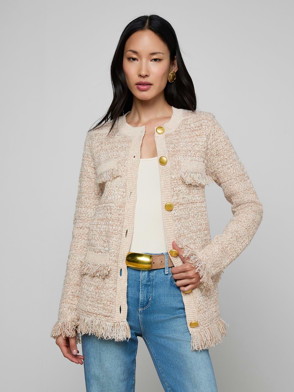 L'Appartement DEUXIEME CLASSE - 【SU】PARIS (MIDLENGTH FRINGEDVEST)カーディガン Kastoria Fringe Cardigan in Natural Multi Boucle | L'AGENCE