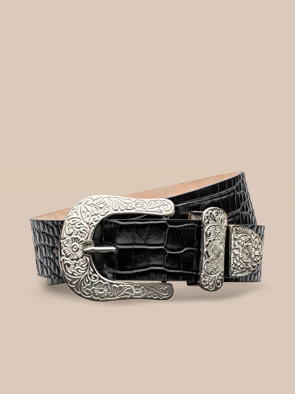 Otera Leather Belt in Black Croc Embossed | L'AGENCE