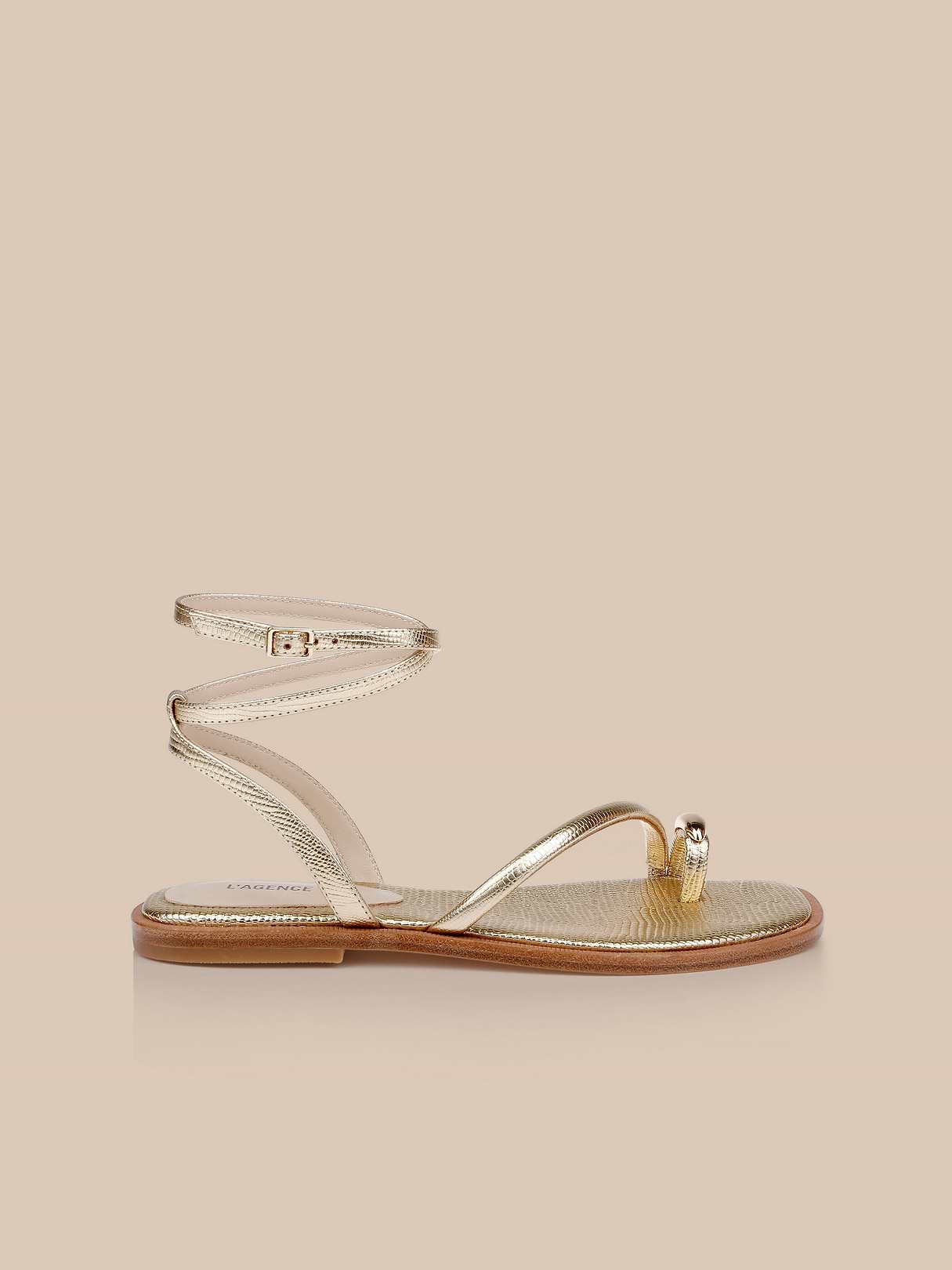 Mariana Leather Sandal in Gold Lizard Leather | L'AGENCE