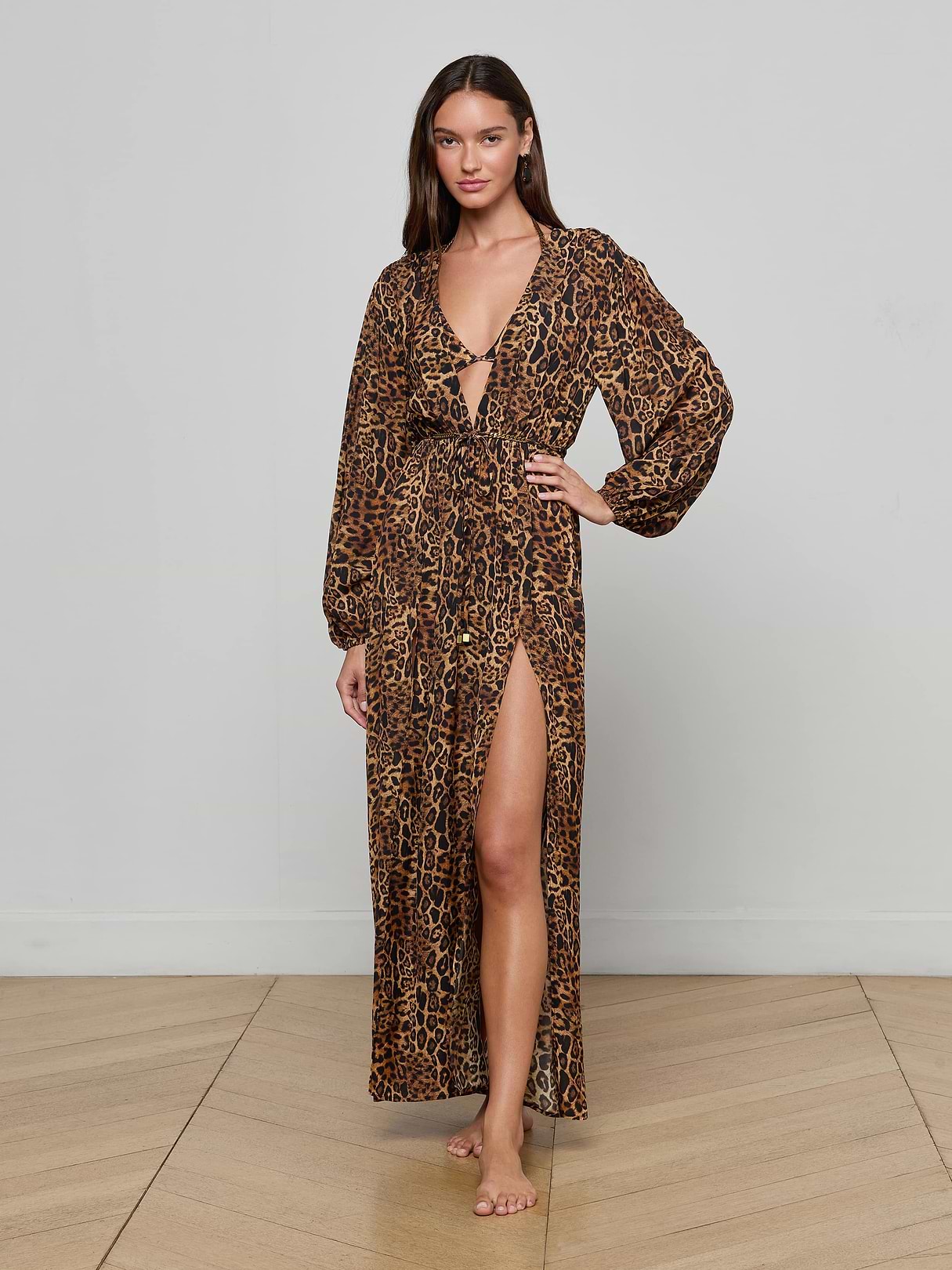 L'agence Sara Maxi Cover-Up Dress in Brown Multi Patch Leopard L'agence Sara Maxi Cover-Up Dress in Brown Multi Patch Leopard
