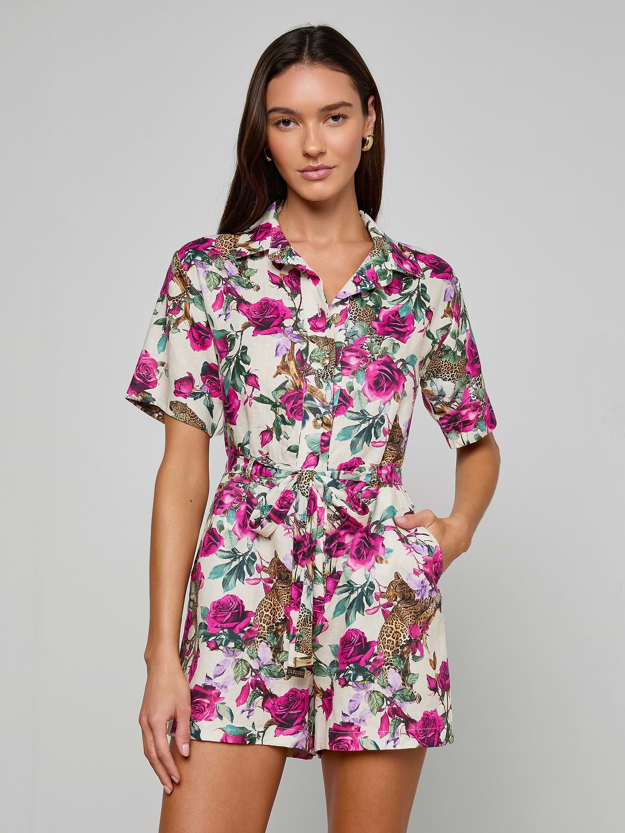 Hestia Cover-Up Romper in Ivory/Rose Leopard Jungle | L'AGENCE