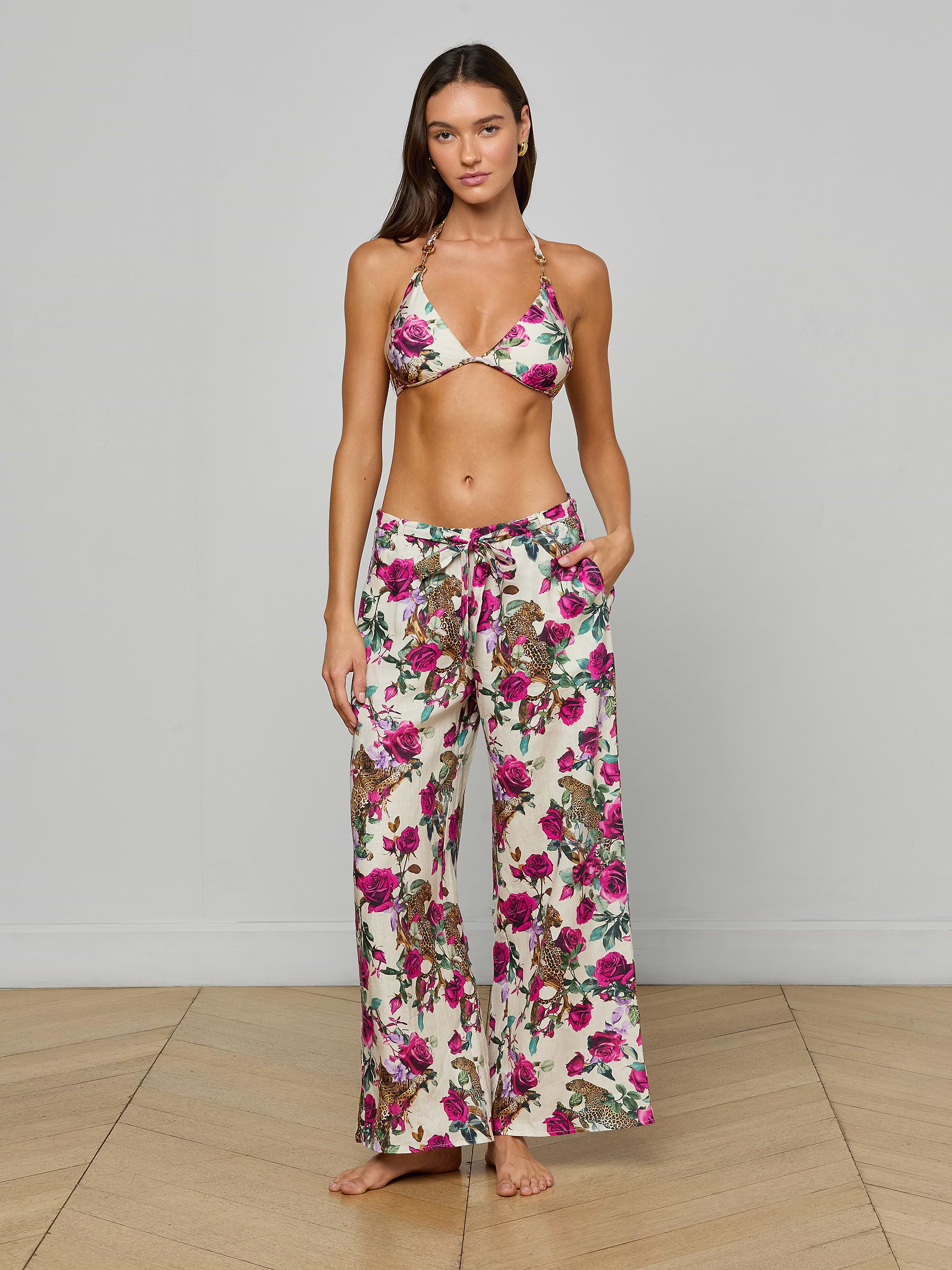 Geraldine Cover-Up Pant in Ivory/Rose Leopard Jungle | L'AGENCE