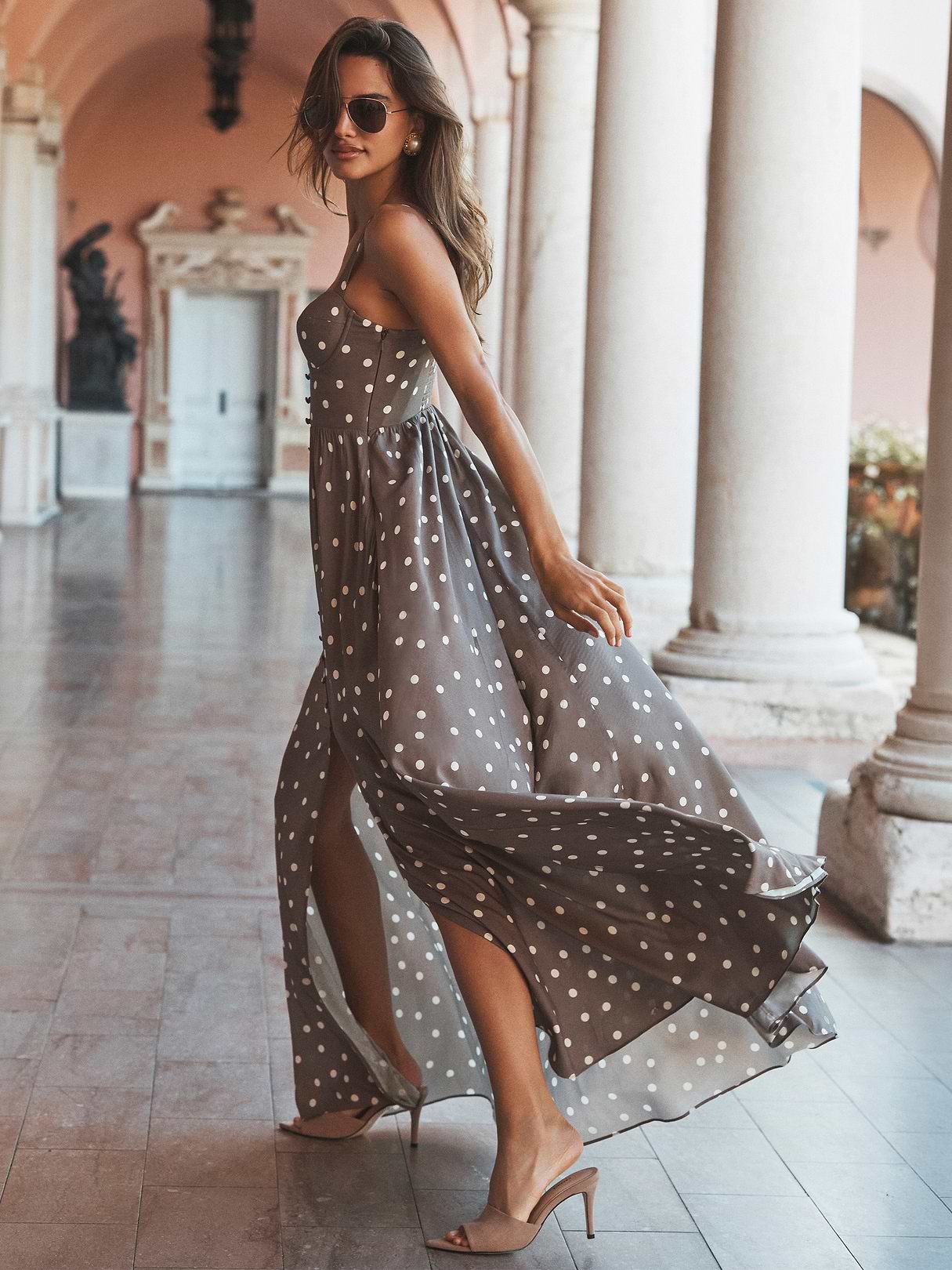 L'AGENCE Rosette Maxi Dress In Cardamom/Ecru Polka Dot L'AGENCE Rosette Maxi Dress In Cardamom/Ecru Polka Dot