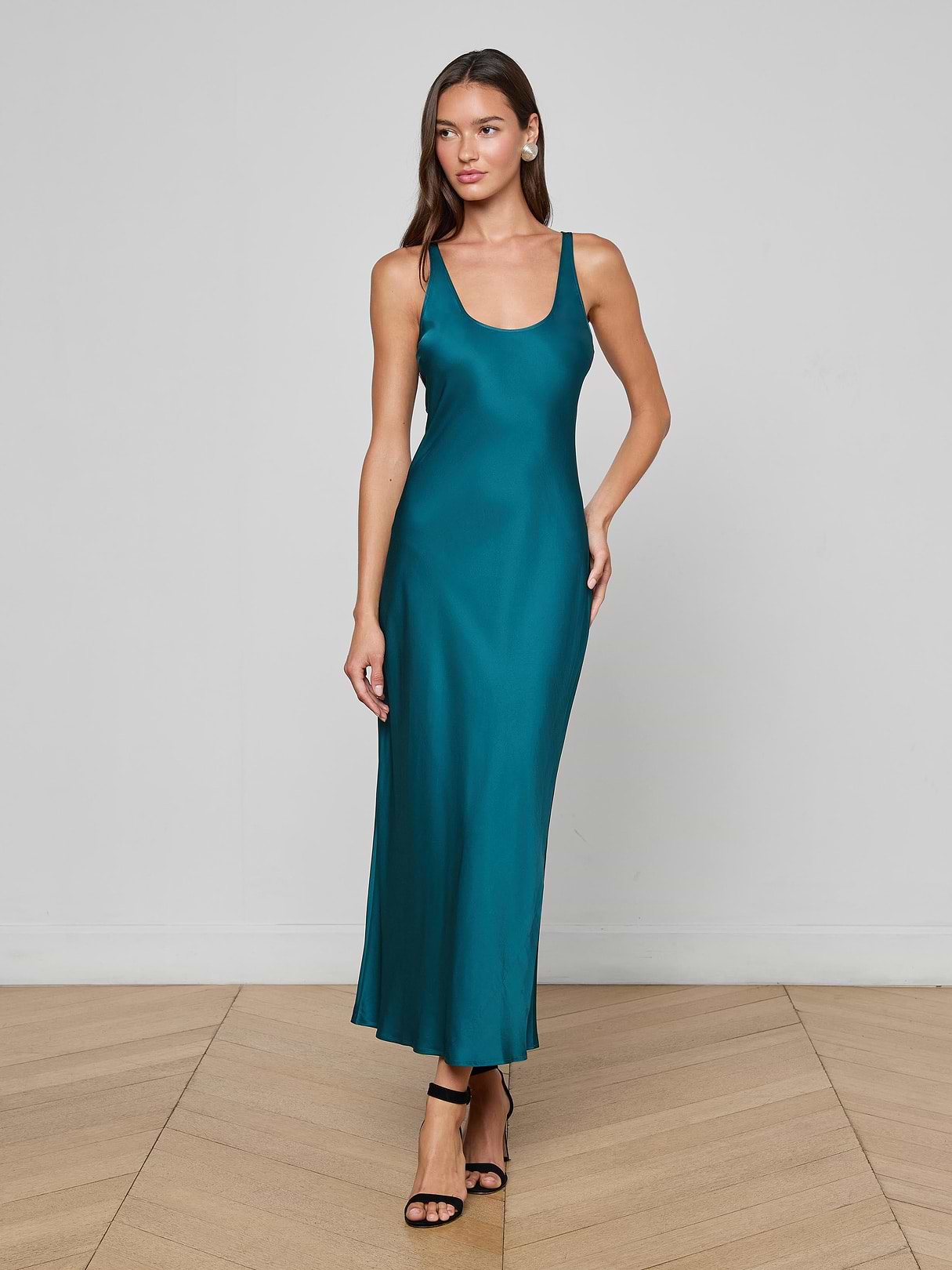 Akiya Satin Dress in Deep Teal | L'AGENCE