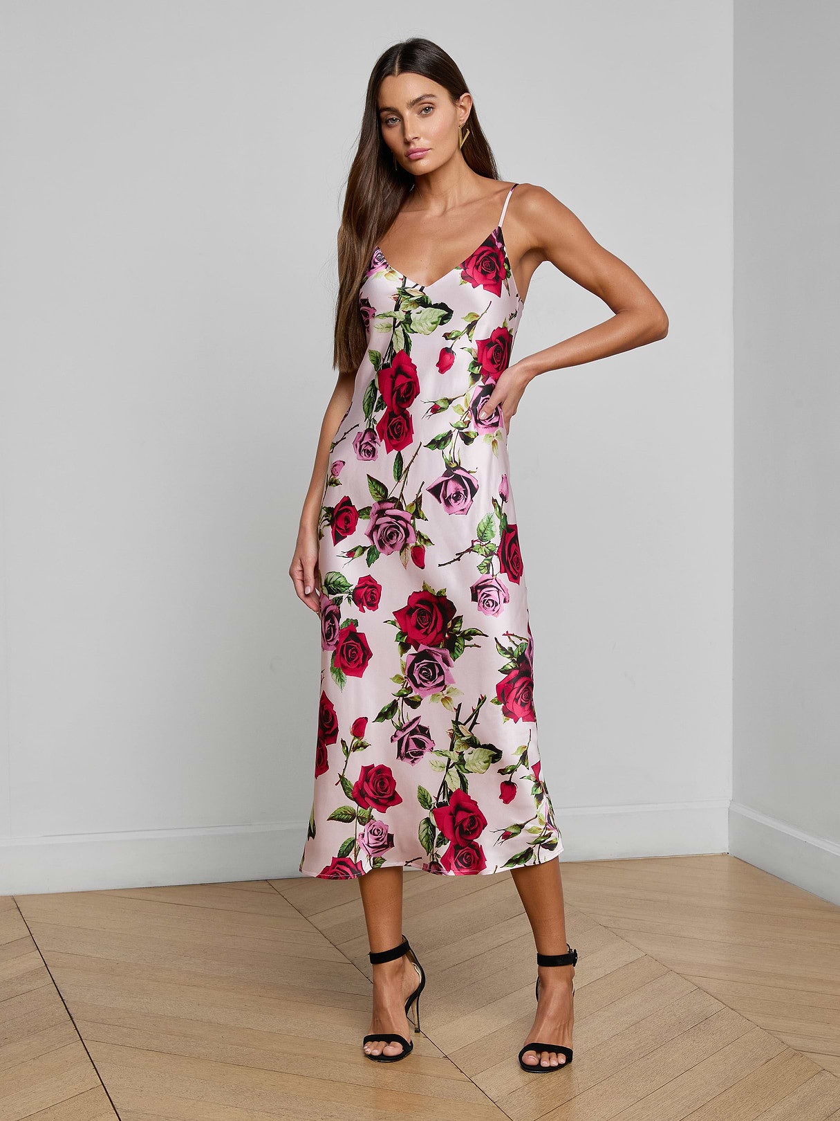 Seridie Silk Slip Dress in Pink Multi Romantic Rose | L'AGENCE