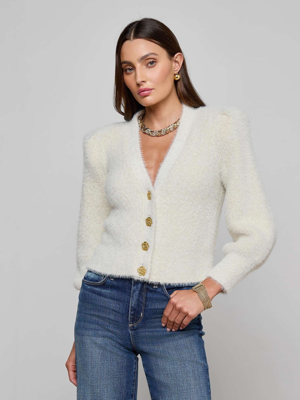 Talulla Cardigan in Ivory Lurex/Gold | L'AGENCE