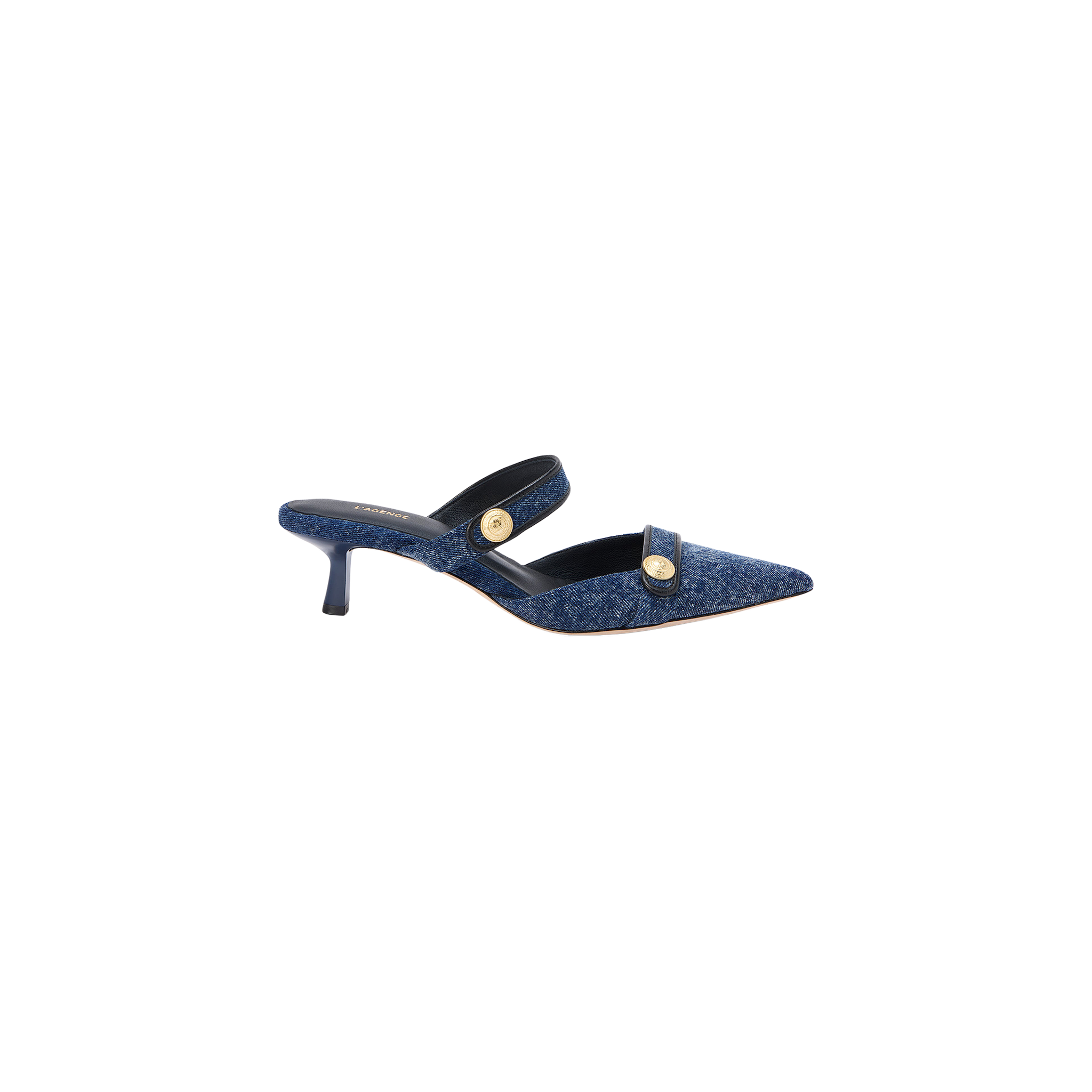 The Gilliane Denim Mule is a blue, pointed-toe shoe featuring embossed dome buttons, two straps across the foot, a mid-height stiletto heel, and a memory foam cushion for added comfort, displayed on a white background.