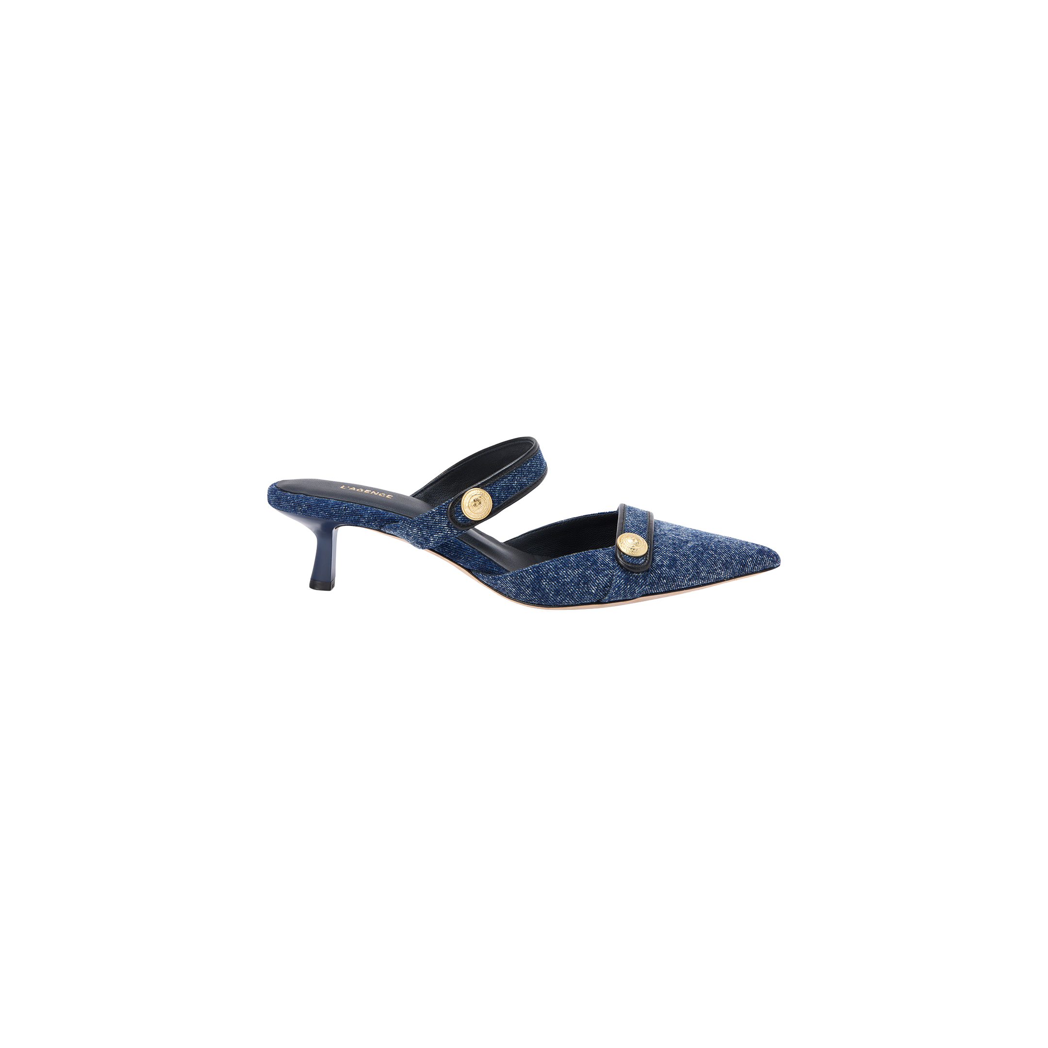 The Gilliane Denim Mule is a blue, pointed-toe shoe featuring embossed dome buttons, two straps across the foot, a mid-height stiletto heel, and a memory foam cushion for added comfort, displayed on a white background.