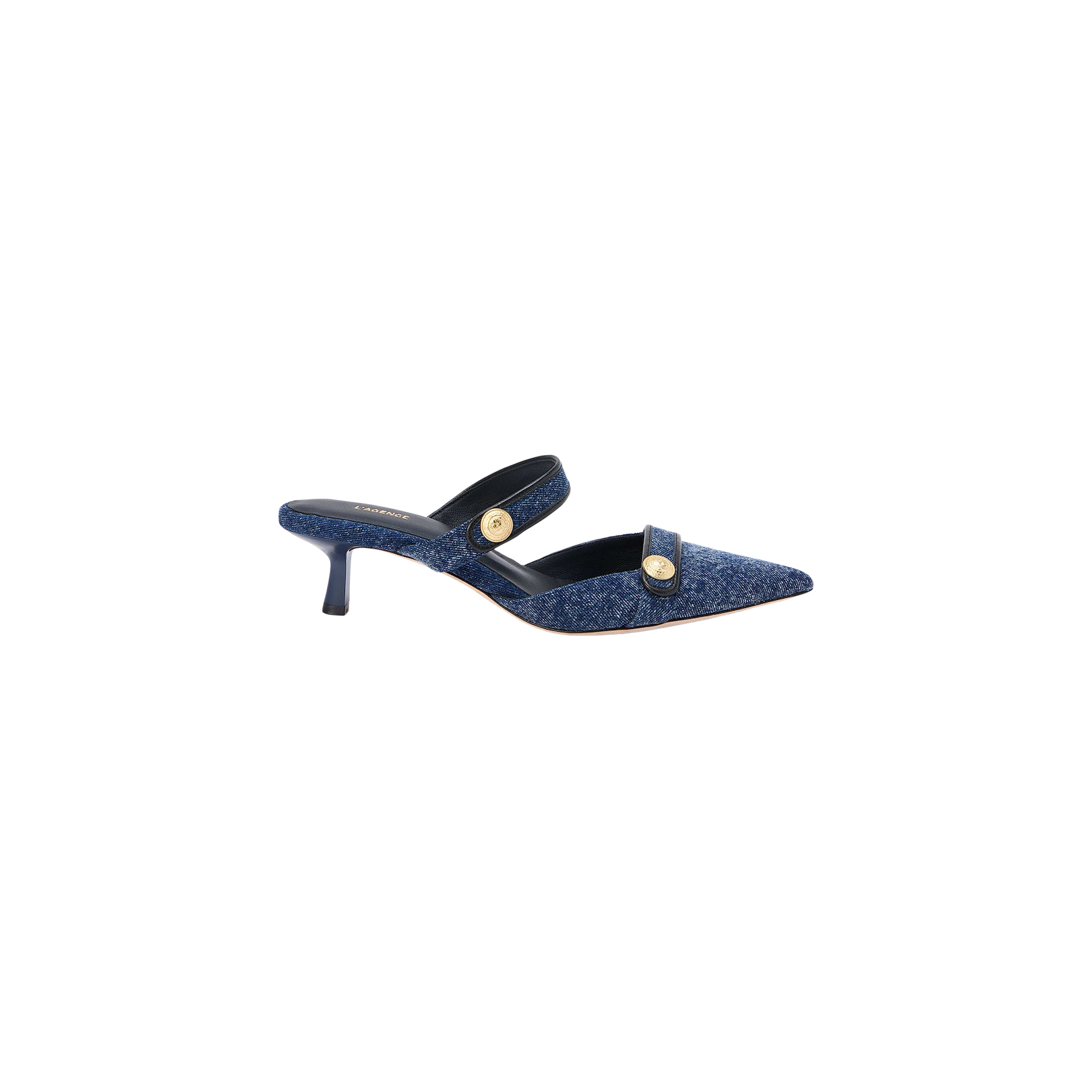 The Gilliane Denim Mule in blue features a pointed toe, two straps embellished with embossed dome buttons, and a sleek, minimalist design displayed on a white background.