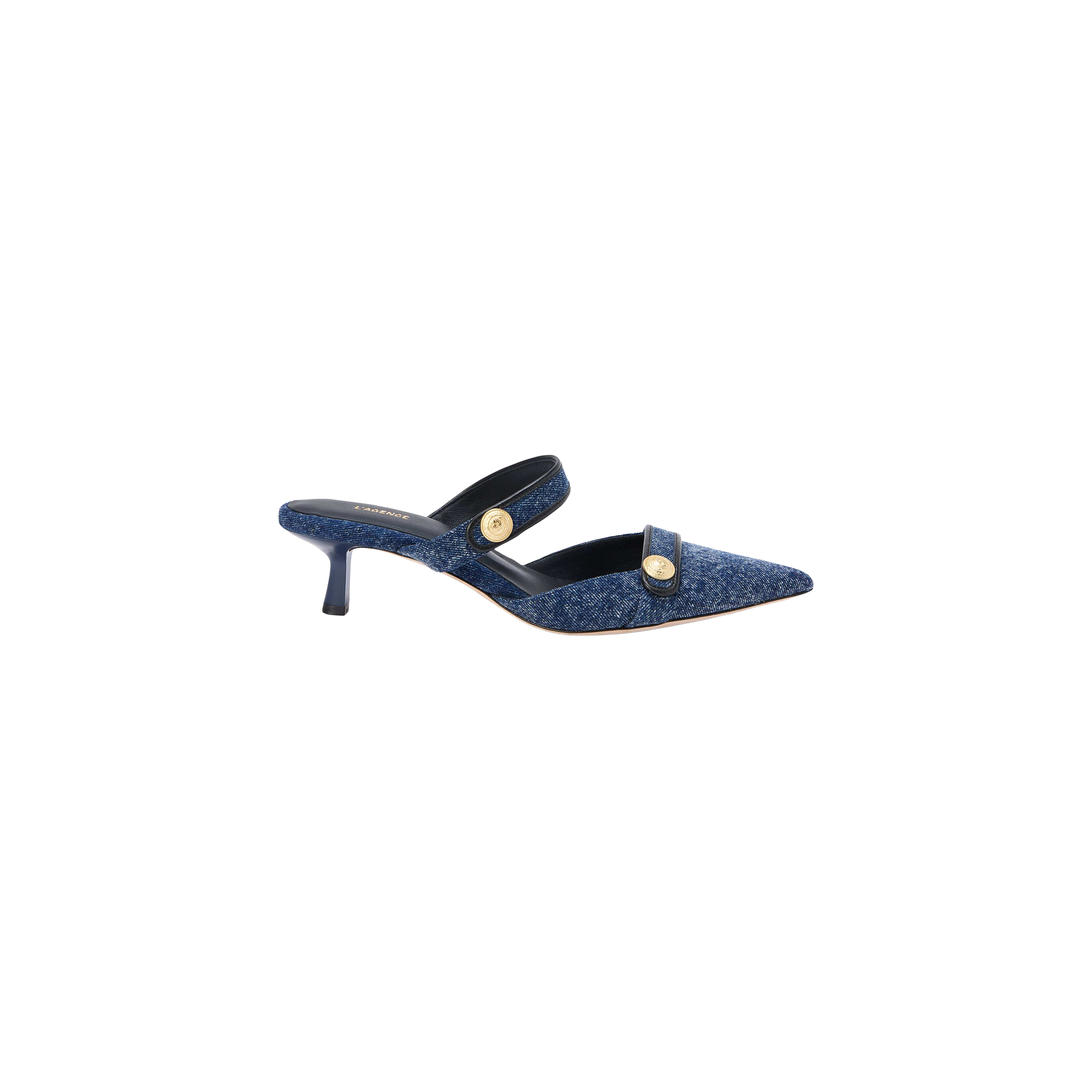The Gilliane Denim Mule in blue features a pointed toe, two straps embellished with embossed dome buttons, and a sleek, minimalist design displayed on a white background.