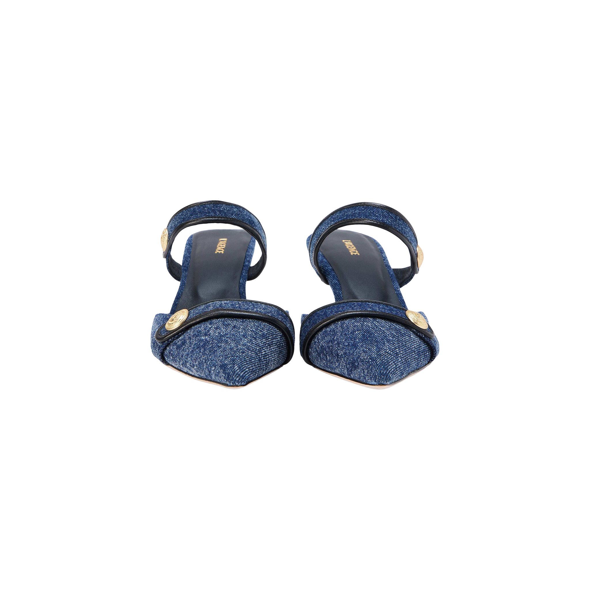 The Gilliane Denim Mule is a pair of blue denim open-toe sandals with ankle straps and embossed dome button details, featuring a memory foam cushion for added comfort, displayed on a white background.